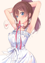 Rule 34 | ..., 1girl, armpits, arms behind head, arms up, bare shoulders, blue bow, blue eyes, blush, bow, breasts, brown hair, collarbone, dress, heart, idolmaster, idolmaster million live!, idolmaster million live! theater days, lace, lace-trimmed dress, lace trim, large breasts, light brown background, looking at viewer, mitsuki (omezame alice), mouth hold, pink ribbon, ponytail, pure onepiece (idolmaster), ribbon, ribbon-trimmed dress, ribbon in mouth, satake minako, see-through, see-through dress, sidelocks, simple background, sleeveless, sleeveless dress, solo, speech bubble, spoken ellipsis, spoken heart, sweat, tying hair, waist bow, white bow, white dress