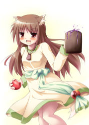 Rule 34 | 00s, 1girl, animal ears, apple, brown hair, drink, fang, food, fruit, holding, holding food, holding fruit, holo, long hair, red eyes, solo, spice and wolf, tail, tekehiro, wolf ears, wolf tail