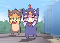 Rule 34 | 2girls, animal costume, bad id, bad twitter id, bear costume, blonde hair, blush, chicken costume, gang beasts, green eyes, hands up, inactive account, looking at viewer, low twintails, motor vehicle, multiple girls, petenshi (dr. vermilion), purple eyes, purple hair, road sign, sign, truck, tsurumaki maki, twintails, vocaloid, voiceroid, yuzuki yukari