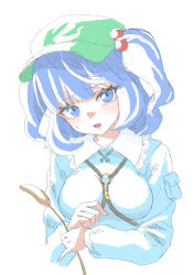 Rule 34 | 0002koko, 1girl, absurdres, blue eyes, blue hair, blue jacket, blunt bangs, blush, breasts, commentary request, cropped torso, eyelashes, frilled shirt collar, frills, frown, green hat, hat, head tilt, highres, huge breasts, jacket, kawashiro nitori, key, large breasts, long sleeves, looking at viewer, medium hair, o-ring, open mouth, peaked cap, shy, signature, simple background, sketch, solo, sweatdrop, touhou, tsurime, two side up, upper body, upturned eyes, white background