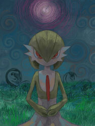 Rule 34 | 1girl, absurdres, bob cut, closed mouth, colored skin, creatures (company), energy ball, expressionless, female focus, flat chest, game freak, gardevoir, gen 3 pokemon, grass, green hair, green skin, hair between eyes, highres, looking at viewer, multicolored skin, nintendo, nishinori (24no71), on ground, outdoors, own hands together, pokemon, pokemon (creature), pokemon move, red eyes, shadow ball (pokemon), short hair, sitting, solo, straight-on, two-tone skin, white skin
