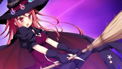 Rule 34 | 1girl, broom, cape, game cg, gloves, hat, hinomiya ayari, ko~cha, long hair, red eyes, red hair, solo, very long hair, witch&#039;s garden, witch hat