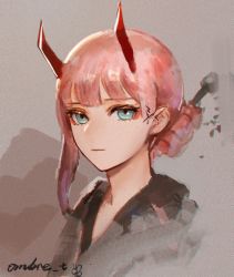 Rule 34 | 1girl, alternate costume, alternate hairstyle, aqua eyes, artist name, blunt bangs, darling in the franxx, expressionless, eyeshadow, grey background, hair bun, hair ornament, hair stick, horns, japanese clothes, looking at viewer, makeup, ombre t, pink hair, red eyeshadow, red horns, short bangs, single hair bun, solo, upper body, zero two (darling in the franxx)