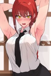 1girl armpits arms_behind_head arms_up black_necktie blush braid breasts breath chainsaw_man collared_shirt embarrassed eyelashes hair_between_eyes highres large_breasts long_hair looking_at_viewer makima_(chainsaw_man) necktie open_collar open_mouth red_hair shirt sidelocks sleeveless steam sweat upper_body white_shirt window yellow_eyes yu_ki_ruta60