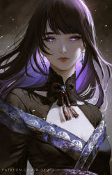 Rule 34 | 1girl, blunt bangs, breasts, cleavage, closed mouth, commentary, commentary request, earrings, genshin impact, highres, japanese clothes, jewelry, kimono, long hair, looking at viewer, medium breasts, mole, mole under eye, nixeu, purple eyes, purple hair, purple kimono, raiden shogun, solo, upper body