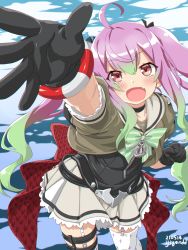 Rule 34 | 1girl, :d, ahoge, anchor, black choker, black gloves, blush, bow, bowtie, choker, dd (ijigendd), fang, foreshortening, from above, garter straps, gloves, gradient hair, hair between eyes, highres, kantai collection, lifebuoy, long hair, looking at viewer, momo (kancolle), multicolored hair, ocean, open mouth, outdoors, pink hair, pleated skirt, puffy short sleeves, puffy sleeves, reaching, reaching towards viewer, ribbon, sailor collar, short sleeves, simple background, skin fang, skirt, smile, solo, swim ring, thighhighs, twintails, water, white thighhighs