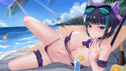 Rule 34 | 1girl, :3, animal ears, aqua hair, arm behind back, azur lane, bare shoulders, beach, beach chair, bikini, blue eyes, blue hair, blunt bangs, blurry, blurry foreground, bokeh, breasts, champagne bottle, cheshire (azur lane), cheshire (summery date!) (azur lane), choker, cleavage, closed mouth, collarbone, commentary request, depth of field, drinking straw, error1945, fake animal ears, food, frills, fruit, hair ornament, highres, innertube, large breasts, looking at viewer, lying, manjuu (azur lane), multicolored hair, nail polish, navel, ocean, official alternate costume, on side, orange (fruit), orange slice, outdoors, palm tree, purple bikini, purple choker, purple nails, rainbow gradient, revealing clothes, sand, shadow, signature, solo, spread legs, string bikini, sunglasses, swim ring, swimsuit, thigh strap, tree, two-tone hair, wet
