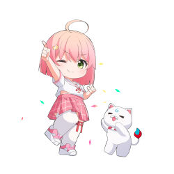 Rule 34 | 1girl, ;), absurdres, ahoge, ame., arm up, cat hair ornament, chibi, closed mouth, commentary request, confetti, full body, green eyes, hair between eyes, hair ornament, highres, hololive, looking at viewer, neck ribbon, one eye closed, pink footwear, pink hair, pink skirt, pleated skirt, pointing, red ribbon, ribbon, sailor collar, sakura miko, sakura miko (school uniform), school uniform, serafuku, shirt, shoes, short sleeves, simple background, skirt, smile, standing, standing on one leg, thighhighs, virtual youtuber, white background, white sailor collar, white shirt, white thighhighs