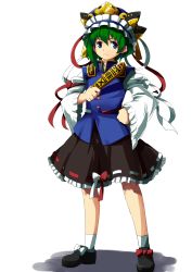 Rule 34 | 1girl, asymmetrical hair, black dress, blue eyes, bow, buttons, dress, female focus, frown, full body, green hair, hand on own hip, hat, highres, hip focus, long sleeves, no~ma, ribbon, rod of remorse, shadow, shiki eiki, shoes, short hair, skirt, socks, solo, touhou, transparent background, vest