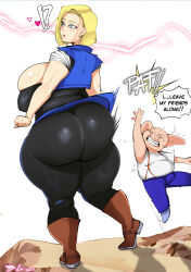 Rule 34 | !?, 1boy, 1girl, android 18, animal ears, ass, bittercream, blonde hair, blue eyes, breasts, closed eyes, clothes, dragonball z, english text, heart, highres, huge ass, huge breasts, looking at viewer, looking back, medium hair, oolong, pig, pig ears, simple background, size difference, surprised, white background