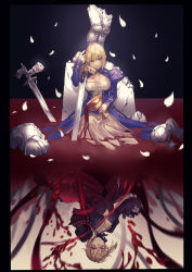 Rule 34 | 2girls, absurdres, artoria pendragon (fate), black border, black dress, blonde hair, blood, border, closed mouth, different reflection, dress, excalibur (fate/stay night), excalibur morgan (fate), expressionless, fate/grand order, fate (series), gloves, green eyes, grin, highres, hiro (hirohiro gorira), holy grail (fate), looking at viewer, multiple girls, petals, pillar, pouring, puffy sleeves, reflection, saber (fate), saber alter, short hair, smile, sword, upside-down, weapon, white dress, yellow eyes
