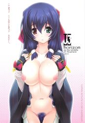 Rule 34 | 1girl, asama tomo, blush, breast suppress, breasts, colored pubic hair, female pubic hair, fingerless gloves, gloves, green eyes, hair tubes, heterochromia, highres, kyoukaisenjou no horizon, large breasts, long hair, long sleeves, mutsumi masato, navel, nipples, non-web source, open clothes, pubic hair, puffy nipples, purple hair, red eyes, solo