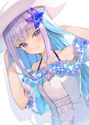 1girl absurdres blue_dress blue_flower blue_hair closed_mouth collarbone dress dutch_angle flower hair_flower hair_ornament halterneck hat highres kuroshiro_kanae lize_helesta long_hair looking_at_viewer multicolored_hair nijisanji purple_eyes shadow silver_hair simple_background smile solo straight_hair sun_hat sundress two-tone_hair upper_body virtual_youtuber white_background white_hat