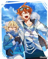 Rule 34 | 1boy, 1girl, absurdres, ahoge, blue scarf, closed eyes, cowboy shot, genshin impact, hand on another&#039;s waist, highres, jacket, jewelry, kradebii, laughing, long sleeves, lumine (genshin impact), necklace, open mouth, orange hair, scarf, shirt, smile, steam, tartaglia (genshin impact), tartaglia (xiaomi) (genshin impact), white footwear, white jacket, white shirt