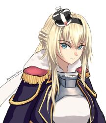 Rule 34 | 1girl, artist name, azur lane, black headwear, blonde hair, blue eyes, blue jacket, braid, closed mouth, cosplay, crown, epaulettes, french braid, hair between eyes, historical name connection, jacket, kantai collection, name connection, one-hour drawing challenge, open clothes, open jacket, rekka yamato, simple background, solo, tilted headwear, upper body, warspite (azur lane), warspite (azur lane) (cosplay), warspite (kancolle), white background