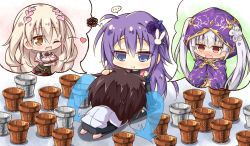 Rule 34 | ..., 1boy, 3girls, @ @, alternate costume, anemone (flower knight girl), black hair, blush, breasts, rabbit hair ornament, chibi, cleavage, commentary request, crying, failure, flower, flower knight girl, flower pot, gurito (g1200004567), hair flower, hair ornament, headpat, heart, highres, hood, hooded jacket, jacket, kneeling, long hair, multiple girls, one eye closed, open mouth, physostegia (flower knight girl), pout, purple hair, simple background, sitting, tarragon (flower knight girl), twintails, water, white hair, yellow eyes