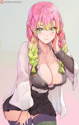 1girl braid breasts cleavage green_eyes green_hair green_thighhighs hakama hakama_short_skirt hakama_skirt hand_on_own_cheek hand_on_own_face hand_on_own_thigh highres japanese_clothes kanroji_mitsuri kimetsu_no_yaiba large_breasts leaning_forward light_blush long_hair looking_at_viewer mole mole_under_eye multicolored_hair open_mouth pink_hair shexyo skirt solo thighhighs thighs twin_braids very_long_hair