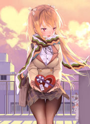Rule 34 | 1girl, averting eyes, bad id, bad pixiv id, bag, blonde hair, bow, breasts, candy, cat, chocolate, chocolate heart, food, hair bow, heart, long hair, medium breasts, multicolored clothes, multicolored scarf, open mouth, original, pantyhose, plaid, plaid skirt, red eyes, rooftop, rozer, scarf, school bag, school uniform, skirt, solo, unleashed, valentine, waiting