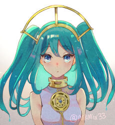 Rule 34 | 1girl, alternate costume, alternate hairstyle, artist name, backlighting, blue eyes, commentary request, expressionless, gold collar, gradient background, grey background, hatsune miku, long hair, looking at viewer, mikmix, photo-referenced, shirt, sleeveless, sleeveless shirt, solo, straight-on, tiara, twitter username, two side up, vocaloid, white background, white shirt