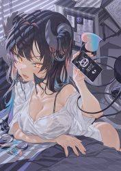 Rule 34 | 1girl, absurdres, arm under breasts, bed, black bra, black hair, window blinds, blue hair, blush, bra, bra visible through clothes, breasts, cellphone, collarbone, commentary, demon girl, demon horns, demon tail, dia (hong), english commentary, fang, gradient hair, hair on horn, head wings, highres, holding, holding phone, horns, huge filesize, hxxg, indoors, large breasts, long hair, looking at viewer, multicolored hair, off shoulder, open mouth, original, phone, pillow, pink hair, shirt, short sleeves, single bare shoulder, skin fang, slit pupils, smartphone, solo, tail, tail around arm, tail raised, underwear, v-shaped eyebrows, white shirt, wings, yellow eyes