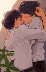 Rule 34 | 2boys, blouse, from side, kiss, leaves, male focus, multiple boys, shirt, shirt tucked in, sleeves rolled up, swept bangs, wall, white shirt, yaoi
