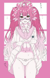 Rule 34 | 1girl, absurdres, blue archive, blush, bow, breasts, clothes lift, feather hair, flying sweatdrops, glasses, hair bow, hair ornament, hairclip, halo, highres, lifting own clothes, long hair, long sleeves, looking at viewer, medium breasts, monochrome, open mouth, panties, pink theme, pleated skirt, sailor collar, school uniform, serafuku, shimiko (blue archive), sidelocks, simple background, skirt, skirt lift, solo, sweat, tansui san (tcjp4784), translation request, twintails, underwear, very long hair