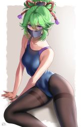 Rule 34 | 1girl, arm support, bare arms, black mask, blue one-piece swimsuit, breasts, brown pantyhose, collarbone, genshin impact, green hair, hair between eyes, highleg, highleg swimsuit, highres, kuki shinobu, looking at viewer, mask, medium breasts, mouth mask, one-piece swimsuit, pantyhose, pantyhose under swimsuit, ponytail, purple eyes, purple rope, rope, ryudraw, sidelocks, sitting, solo, swimsuit, thighband pantyhose, thighs, two-tone background, two-tone swimsuit