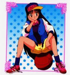 Rule 34 | 1990s (style), ball, baseball cap, basketball, bishoujo senshi sailor moon, card, hand on own face, hat, hino rei, jacket, kazu., legs, long hair, long legs, official art, retro artstyle, shoelace, shoelace untied, shoelaces, shoes, shorts, sitting, sneakers, spread legs, very long hair