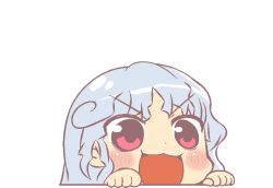 Rule 34 | &gt;:3, 1girl, :3, blush, commentary request, dot nose, grey hair, gyate gyate, iguzamini, long hair, open mouth, out of frame, peeking out, portrait, red eyes, sakata nemuno, solo, touhou, transparent background, v-shaped eyebrows, wavy hair