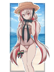 Rule 34 | 1girl, absurdres, azur lane, beach, blush, commentary, flower, hair flower, hair ornament, hat, highres, long hair, looking at viewer, low twintails, maestrale (azur lane), maestrale (lonesome beachfarer) (azur lane), multicolored hair, navel, official alternate costume, red eyes, solo, straw hat, swimsuit, takkikun, twintails, twitter username