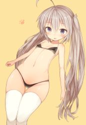 Rule 34 | 1girl, absurdres, ahoge, bare shoulders, bikini, black bikini, blue eyes, blush, breasts, fang, highres, long hair, looking at viewer, navel, original, ruiten, silver hair, simple background, small breasts, smile, solo, swimsuit, thighhighs, twintails, very long hair, white thighhighs