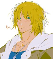 Rule 34 | 1boy, athanjccgg, bara, blonde hair, blush, forked eyebrows, highres, huge eyebrows, ken masters, looking to the side, male focus, medium hair, pectoral cleavage, pectorals, portrait, runny nose, snot, solo, sparse stubble, street fighter, street fighter 6