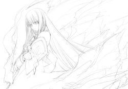 Rule 34 | bare shoulders, fire, greyscale, lineart, long hair, lord of vermilion, monochrome, nakabayashi reimei, rishia, solo, unfinished