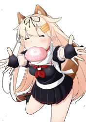 Rule 34 | 1girl, animal ears, black gloves, black ribbon, black serafuku, blonde hair, commentary request, cowboy shot, dakappa, dog ears, dog tail, fingerless gloves, frisbee, gloves, hair flaps, hair ornament, hair ribbon, highres, kantai collection, long hair, mouth hold, neckerchief, outstretched arms, pleated skirt, red neckerchief, ribbon, scarf, school uniform, serafuku, simple background, skirt, solo, tail, white background, white scarf, yuudachi (kancolle), yuudachi kai ni (kancolle)