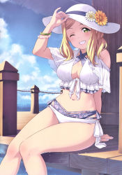 Rule 34 | 1girl, absurdres, arm behind back, arm support, bead bracelet, beads, bikini, blonde hair, blue sky, blush, bracelet, breasts, cleavage, criss-cross halter, day, deck, detexted, floral print, flower, front-tie top, green eyes, grin, halterneck, hat, hat flower, highres, jewelry, layered bikini, layered swimsuit, long hair, looking at viewer, love live!, love live! school idol festival, love live! sunshine!!, murota yuuhei, nail polish, navel, official art, ohara mari, one eye closed, outdoors, sitting, sky, smile, solo, sun hat, swimsuit, third-party edit, water, wet