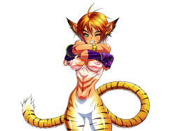 Rule 34 | 1girl, animal ears, breasts, breath of fire, breath of fire ii, capcom, cat ears, cat girl, facial mark, fang, female focus, fingerless gloves, gloves, green eyes, inagaki, muscular, nipples, one eye closed, orange hair, rinpoo chuan, shirt, short hair, simple background, smile, smirk, solo, tail, tan, tanline, toned, white background