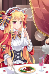 Rule 34 | 1girl, blonde hair, bow, breasts, cinia pacifica, corset, cup, dress, drinking glass, flower, food, fork, frills, hairband, holding, long hair, lowres, maid headdress, napkin, open mouth, pink eyes, ribbon, rose, sitting, small breasts, solo focus, striped, sword girls, wine glass