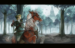 Rule 34 | 1boy, bad id, bad pixiv id, blonde hair, castle, epona, gloves, green hat, hat, horse, letterboxed, link, male focus, mooffin, nintendo, pointy ears, sheath, sheathed, solo, the legend of zelda, the legend of zelda: ocarina of time, tunic