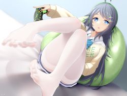 Rule 34 | 1girl, ahoge, ass, bean bag chair, black hair, blue bow, blue bowtie, blue eyes, bow, bowtie, cardigan, chinese commentary, collared shirt, commentary request, commission, controller, convenient leg, dutch angle, feet, foot focus, foreshortening, game controller, hair ornament, hairclip, hand up, head tilt, headphones, highres, holding, inohara koboshi, j.c.14, knees up, leaning back, legs, long hair, long sleeves, looking at viewer, miniskirt, no shoes, ongeki, open mouth, pantyhose, pixiv commission, pleated skirt, school uniform, shirt, sitting, skirt, soles, solo, spread toes, swept bangs, thighband pantyhose, toes, white pantyhose, white shirt, white skirt
