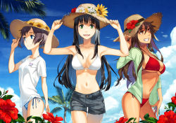 Rule 34 | 3girls, arm up, arms up, bad id, bad pixiv id, bikini, black hair, blue eyes, breasts, brown eyes, brown hair, cleavage, cloud, contrapposto, cowboy shot, day, denim, flower, from side, green eyes, grin, hand on headwear, hands on headwear, hat, hat flower, hibiscus, jacket, kimura (ykimu), large breasts, long hair, looking at viewer, looking away, medium breasts, midriff, multiple girls, navel, open clothes, open mouth, open shirt, original, palm tree, polka dot, polka dot bikini, polka dot swimsuit, red bikini, shirt, short hair, short shorts, shorts, side-tie bikini bottom, sky, smile, standing, straw hat, swimsuit, tan, thigh gap, tree, white bikini