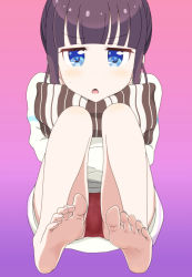 Rule 34 | 1girl, barefoot, black hair, blue eyes, blunt bangs, feet, foreshortening, gradient background, highres, long hair, looking at viewer, new game!, hugging object, ogyadya, open mouth, panties, pantyshot, parted lips, pillow, pillow hug, pink background, pov, purple background, red panties, sitting, soles, solo, takimoto hifumi, toes, underwear