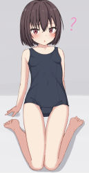 Rule 34 | 1girl, :o, ?, bare arms, bare legs, bare shoulders, barefoot, black one-piece swimsuit, blush, breasts, brown hair, collarbone, commentary request, hair between eyes, highres, leaning back, looking at viewer, old school swimsuit, one-piece swimsuit, original, parted lips, red eyes, school swimsuit, sitting, small breasts, solo, swimsuit, takasuma hiro, wariza
