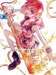 Rule 34 | 1girl, bare shoulders, black footwear, blue eyes, boots, bracelet, breasts, dress, fighting stance, flower, full body, hair between eyes, holding, holding weapon, hood, hood down, hooded dress, jewelry, kairi (kingdom hearts), keyblade, kingdom hearts, leaf, looking at viewer, medium breasts, necklace, open mouth, pink dress, ramochi (auti), red hair, short dress, short hair, sleeveless, sleeveless dress, solo, weapon, wristband