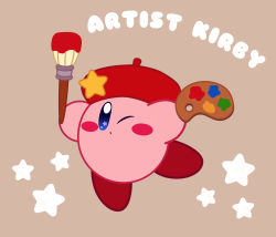 Rule 34 | arms up, artist kirby, beret, blue eyes, blush, blush stickers, brown background, closed mouth, flat color, full body, hat, highres, holding, holding brush, kirby, kirby (series), looking at viewer, miwa (ahyuck), nintendo, no humans, one eye closed, paintbrush, palette (object), red hat, simple background, solid oval eyes, solo, star (symbol), star in eye, symbol in eye, wink