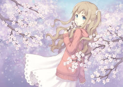 Rule 34 | 104, 1girl, blue eyes, blue sky, blush, branch, brown hair, cherry blossoms, dress, flower, hair flower, hair ornament, holding, holding branch, hoodie, looking at viewer, looking back, original, pink hoodie, pink sweater, side ponytail, sky, smile, solo, standing, sweater, tree, white dress
