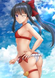 Rule 34 | 1girl, ;), ass, bare arms, bare shoulders, bikini, black hair, blue sky, blush, bow, breasts, closed mouth, cloud, cloudy sky, commentary, day, hair bow, hand on own hip, highres, kazenokaze, long hair, looking at viewer, looking to the side, mismatched bikini, muguruma miyako, one eye closed, outdoors, ponytail, purple eyes, red bikini, red bow, senyoku no sigrdrifa, sidelocks, skindentation, sky, small breasts, smile, solo, swimsuit, thigh strap, very long hair, white bikini