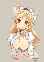 Rule 34 | 1girl, 2014, animal ears, blonde hair, blush, breast slip, breasts, cat ears, cleavage, cropped torso, dated, grey background, head tilt, highres, large breasts, long hair, mota, nipples, one breast out, original, red eyes, simple background, smile, solo