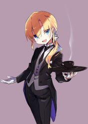 Rule 34 | :d, absurdres, amaryllis gumi, black jacket, black necktie, black pants, blue eyes, blush, brown background, butler, collared shirt, cup, fang, female butler, formal, gloves, grey vest, hair between eyes, hair ornament, hair over shoulder, hamadaichi, head tilt, highres, holding, holding tray, jacket, kotohara hinari, long hair, long sleeves, low ponytail, necktie, open mouth, pant suit, pants, saucer, shirt, simple background, smile, solo, standing, steam, suit, tama (tama-s), teacup, tray, vest, virtual youtuber, white gloves, white shirt