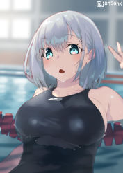 Rule 34 | 1girl, :o, bob cut, breasts, commentary request, competition swimsuit, green eyes, jonsun, large breasts, one-piece swimsuit, original, partially submerged, pool, silver hair, solo, swimsuit, twitter username, wet