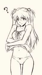 Rule 34 | 1girl, :/, ?, bow, bow panties, breasts, chemise, chemise lift, highres, lifting own clothes, long hair, long sleeves, looking at viewer, medium breasts, monochrome, navel, neon genesis evangelion, panties, simple background, sketch, solo, souryuu asuka langley, underwear, undressing, unihotate0329